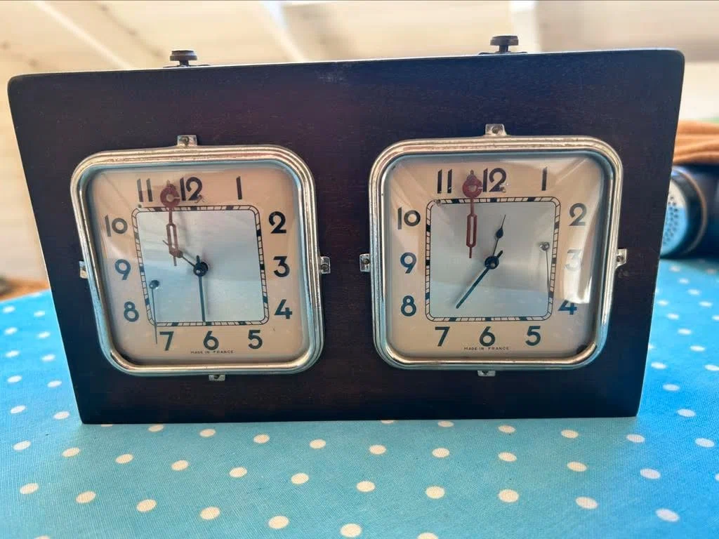 Unidentified French prewar clock with two square dial surrounds.