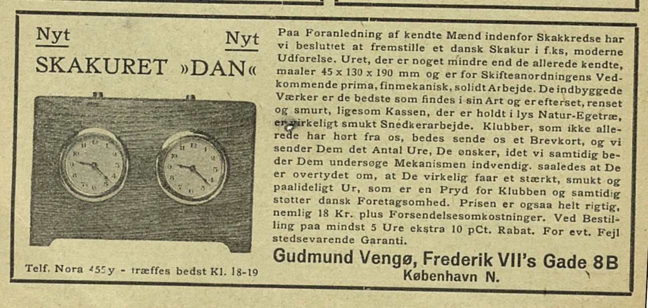 Advertisement for the DAN chess clock, naming Gudmund Vengø and a price of 18 kroner.
