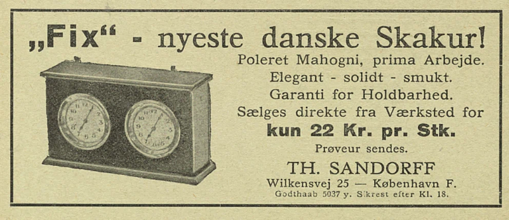 Advertisement for the FIX mahogany clock, offered by Th. Sandorff.