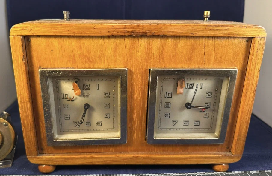 Unidentified wooden chess clock with two square dials