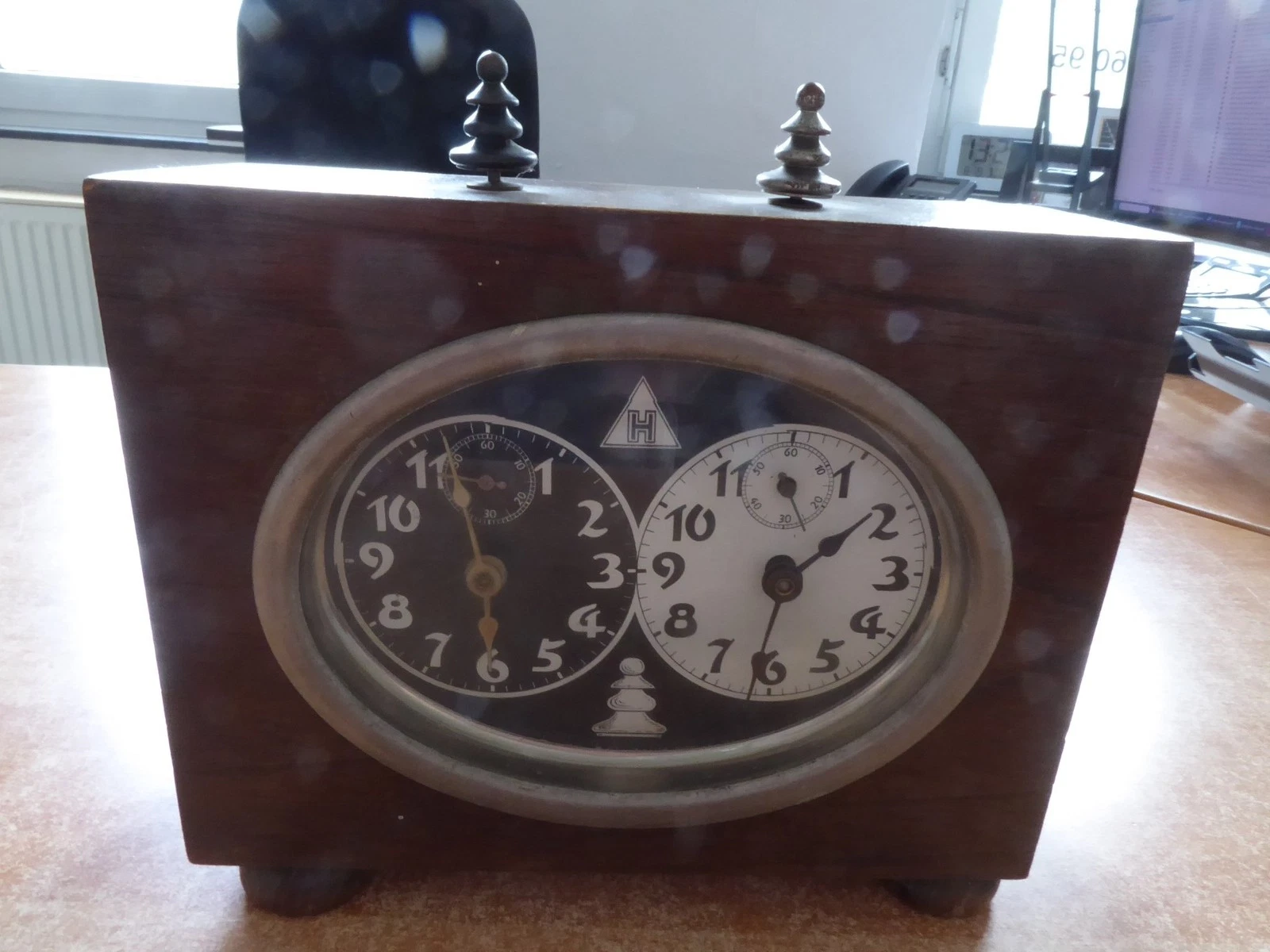 Thomas Ernst Haller AG chess clock, c. 1920s, with H-in-triangle mark